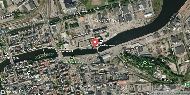 Satellitbild över Inre hamn/ Motala ström i Norrköping