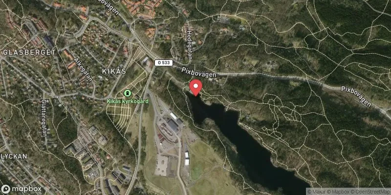 Satellitbild över Kikås långvattens badplats i Mölndal
