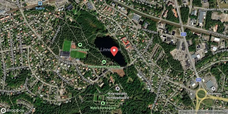Satellitbild över Linneasjön, Campingen i Nybro
